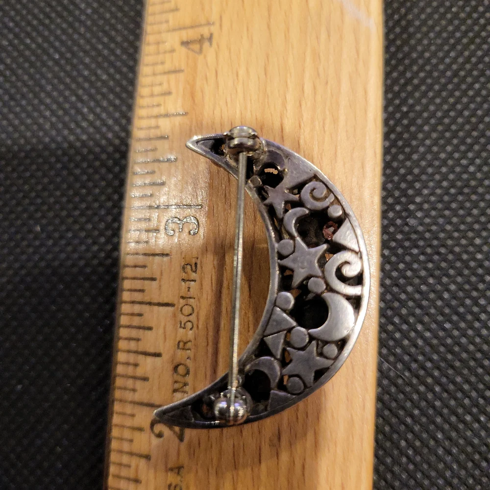 Crescent Moon & Stars Birthstone Sterling Silver Brooch